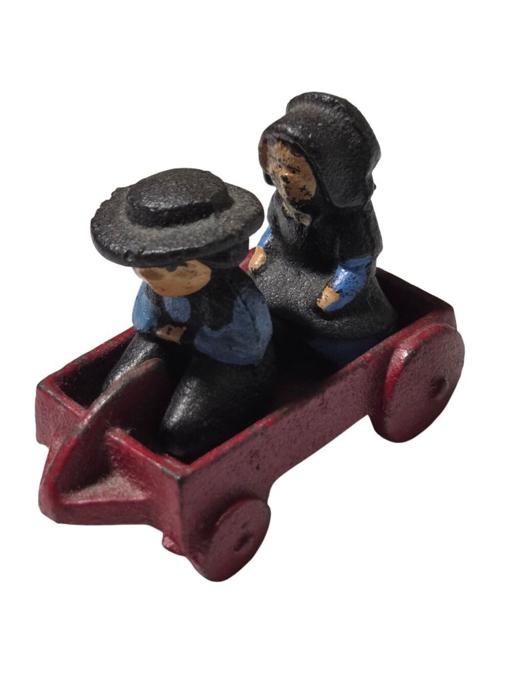 Vintage Miniature Amish Couple Red Wagon Cast Iron Figurine Hand Painted 1.5"